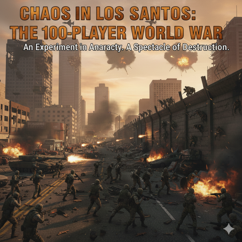 A cinematic street-level view of a high-intensity urban war zone in a city resembling Los Santos. Armed soldiers in tactical gear engage in a firefight along a debris-strewn road lined with skyscrapers. A tank fires its main cannon in the foreground, while a large concrete wall on the right is being breached. In the sky, fighter jets streak through a sunset haze as massive explosions bloom over the city skyline. The top of the image features the bold title: "CHAOS IN LOS SANTOS: THE 100-PLAYER WORLD WAR."