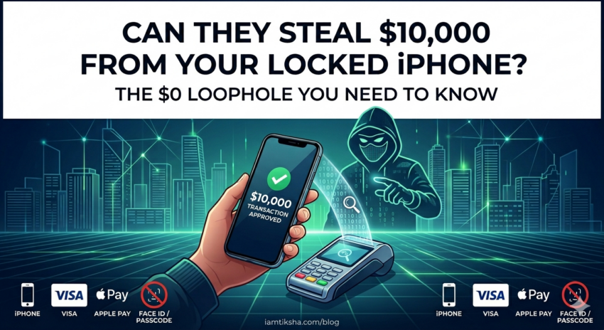 A digital illustration designed as a blog header. The top half features bold black text on a white background: "CAN THEY STEAL $10,000 FROM YOUR LOCKED iPHONE? THE $0 LOOPHOLE YOU NEED TO KNOW." Below the text, a futuristic cyan-toned cityscape serves as the backdrop. A hand holds a smartphone displaying a green checkmark and the notification "$10,000 TRANSACTION APPROVED" as it taps a payment terminal. To the right, a hooded hacker figure with a digital mask is shown intercepting data through a magnifying glass icon. The bottom footer includes icons for iPhone, Visa, and Apple Pay, alongside a crossed-out Face ID icon, with the URL iamtiksha.com/blog centered at the bottom.